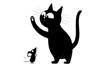 a black and white illustration of a cat and a mouseblack, cat, catch, illustration, mouse, paw 