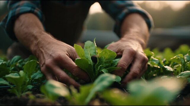 A cinematic close-up view of a farmer&rsquo;s hardworking hands carefully selecting and picking crops in a lush green field, showcasing the dedication, texture, and beauty of authentic agricultural life
