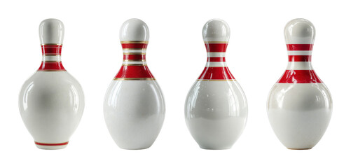 Classic white bowling pin with red and gold stripes, isolated on black background, ready for sports or game design PNG set with transparent background