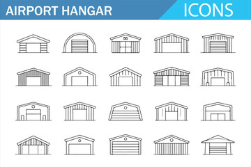 Aircraft Hangar Outline Icons - Vector Set for Aviation Infrastructure