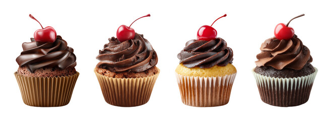 Four decadent chocolate cupcakes with rich frosting and bright red cherry toppings, beautifully illuminated and artfully composed, perfect for food blogs, bakery advertising, and sweet celebration ...