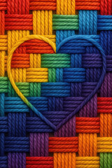 heart shape with rainbow yarn threads symbolizing love diversity pride and unity in artistic craft design

