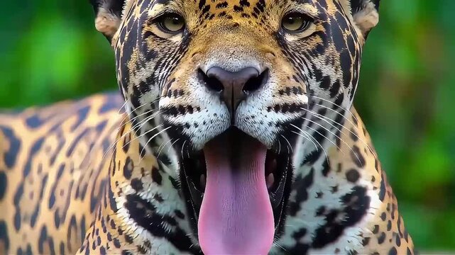 A close-up of a majestic jaguar with striking rosettes and powerful gaze in its natural habitat