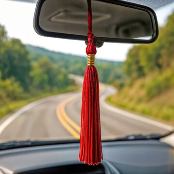 A vibrant red graduation tassel dangles from the rearview mirror of a car, symbolizing achievement and new beginnings, as a winding road stretches out ahead, inviting adventure and opportunity