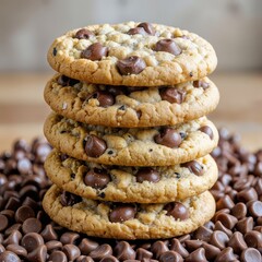 A tempting tower of chocolate chip cookies, delightfully surrounded by a sprinkle of rich chocolate chips 