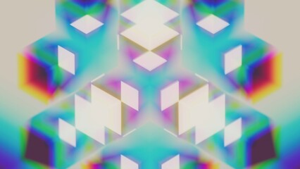 Colorful abstract background of cubes and squares. 3d render of shapes and colors with dispersion and refraction effects, forming abstract colorful illustration