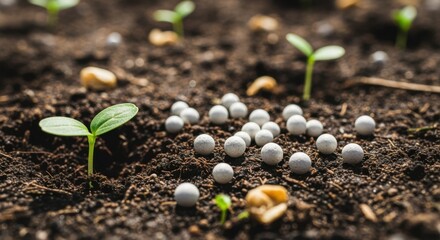Medium shot capturing timedrelease phosphorus pellets gently scattered on soil promoting sustained nutrient delivery for healthier seed development.