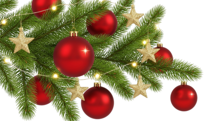 Merry Christmas and Happy New Year with festive red and gold baubles decorating a green pine tree branch for the holiday season celebration