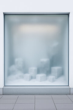 Empty frosted glass storefront display window with soft blurred objects behind the pane gray frame and tiled floor for retail vacancy privacy minimal shopfront and urban commerce concept
