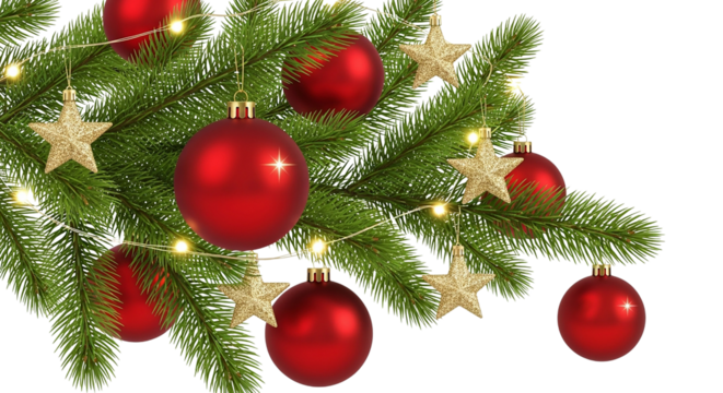 Merry Christmas and Happy New Year with festive red and gold baubles decorating a green pine tree branch for the holiday season celebration