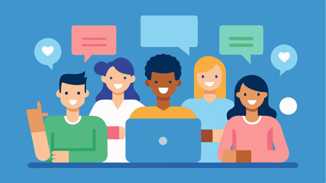 A group of diverse students engaging in a livestreamed lecture with feedback tools like thumbs up and chat bubbles shown around them.