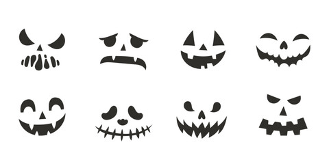 Vector collection of black jack-o’-lantern silhouettes on white for Halloween crafts and designs