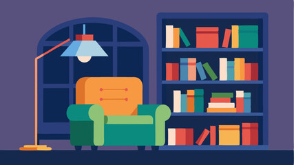 Obraz premium A home library featuring builtin shelves filled with books a single comfortable armchair and a small reading lamp to create a cozy corner.