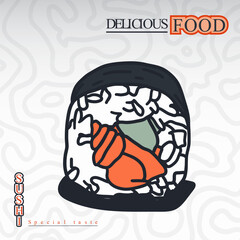 Maki sushi illustration with rice inside and more fillings in hand drawn design. sushi template