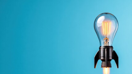 A vintage light bulb designed as a rocket against a blue background, symbolizing innovation and creativity