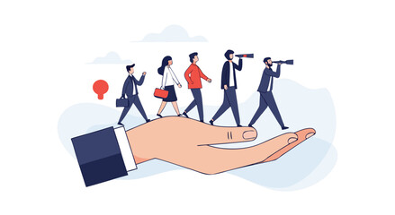 A team of professionals walking on a helping hand.

