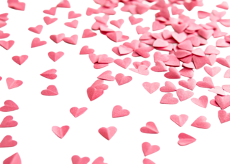 Scattered pink paper hearts on white surface