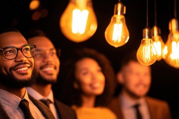 Group of diverse professionals enjoying a moment under glowing light bulbs at an evening event