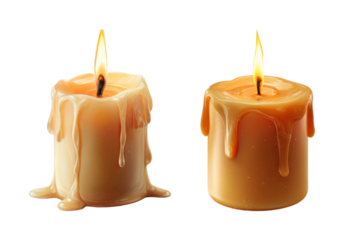 Dripping wax candles with warm glowing flame, creating a cozy and serene ambiance for meditation or celebration, PNG set with transparent background