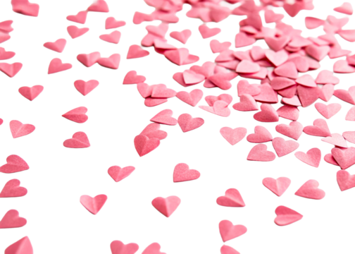 Scattered pink paper hearts on white surface - Powered by Adobe