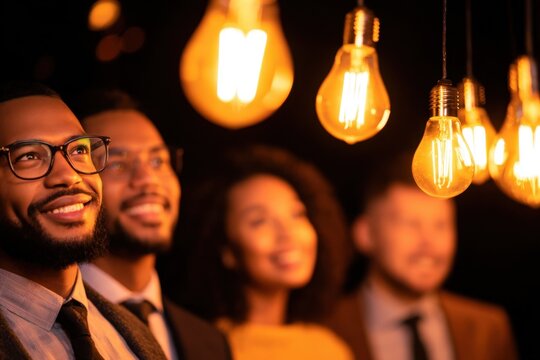 Group of diverse professionals enjoying a moment under glowing light bulbs at an evening event