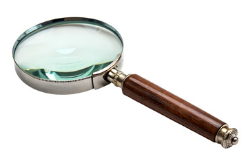 Magnifying glass with wooden handle and metal rim on white