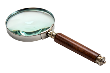 Magnifying glass with wooden handle and metal rim on white