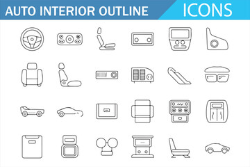 Set of icons depicting various car interior elements like seats, steering, and control systems.