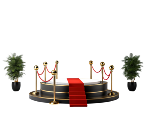 Round stage with red carpet and velvet ropes