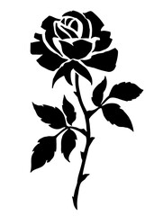 A single stem rose Vintage propaganda poster stencil, bold geometric shapes, high contrast, black silhouette on white background