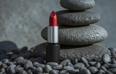 red lipstick on a black background with stones
