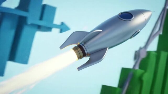 A silver rocket blasting off, symbolizing growth, progress, and technological advancement against a backdrop of charts.