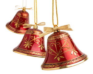 Three Red Bells with Gold Ornate Designs and Ribbons