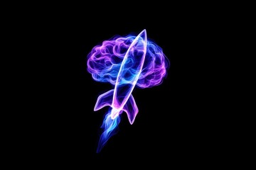 Abstract representation of a rocket launching from a colorful brain against a black background