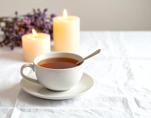 Fototapeta premium Warm cup of tea with candles and lavender decor.
