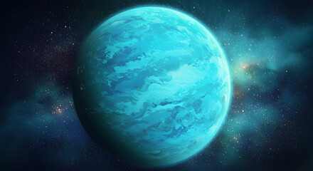 Fototapeta premium Azure Planet: A cosmic canvas unveils a mesmerizing planet of azure hues, shrouded in swirling atmospheric patterns against a backdrop of starry nebulas.