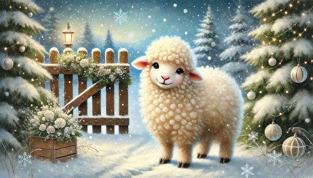 A charming and whimsical winter illustration featuring a fluffy sheep standing in a snow-covered countryside