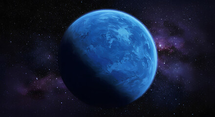 Naklejka premium Blue Planet in the Cosmos: A vibrant, azure planet floats serenely against a backdrop of the starry cosmos, evoking a sense of wonder and mystery within the vast expanse of space. 