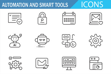 Collection of digital tool icons representing automation, robots, and data security.