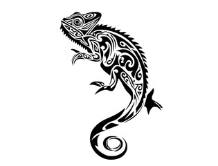 a stylized chameleon with tribal patterns on its bodyblack, chameleon, design, iguana, illustration, lizard, profile, reptile, symbol, tail, tattoo 