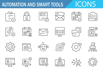 Automation and smart tools icon set showcasing AI, security, and communication devices.