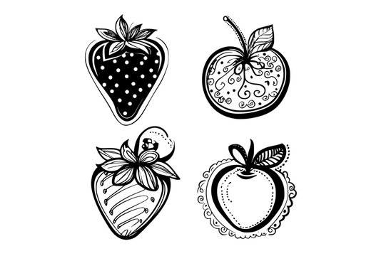 a set of four hand-drawn strawberries in black and whiteapple, black, design, draw, fruit, illustration, sticker, strawberry, white 