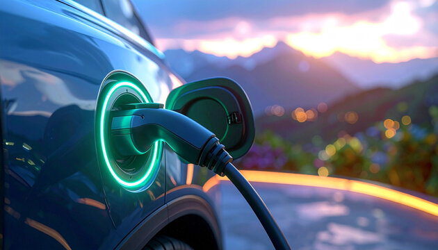 Electric Car Charging in Nature: A sleek electric vehicle charging, symbolizing the bright future of green transportation amidst a serene natural backdrop.