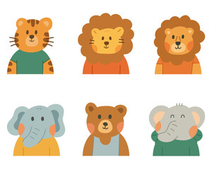 Obraz premium Cartoon doodle set of cute animal character. Tiger, lion, elephant, and bear. Hand drawn style, minimal and adorable illustration for kids, nursery, and design use.