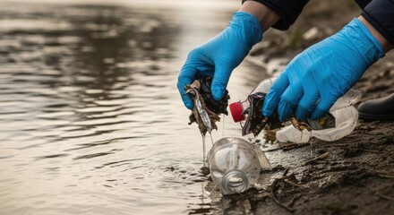 Person cleaning plastic waste from water
