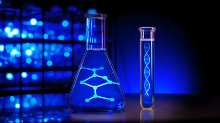 Tubo de ensayo con doble hélice de ADN iluminada en entorno científico