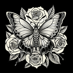 Vector art of monochrome butterfly with roses illustration on a decoration