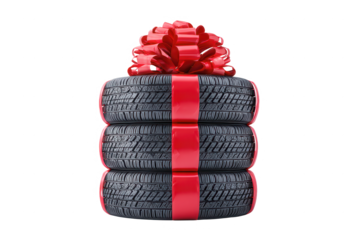 High quality photo of three tires stacked and wrapped as a gift with a red ribbon and bow isolated on transparent background
