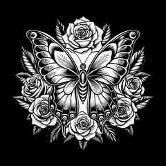 Vector art of monochrome butterfly with roses illustration on a design