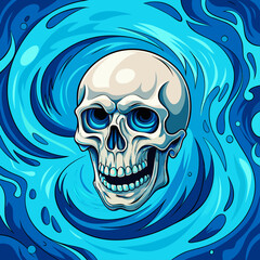 Vector art of skull with blue eyes and water swirl background in cartoon illustration